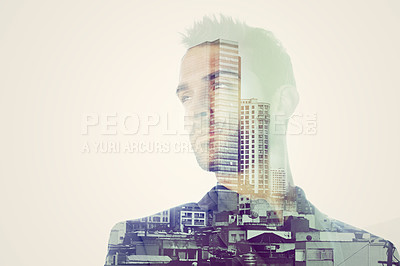 Buy stock photo Business man, face and city with double exposure, thinking with professional mindset and mockup space. Urban overlay with cityscape, corporate male person with career, skyscraper and ambition