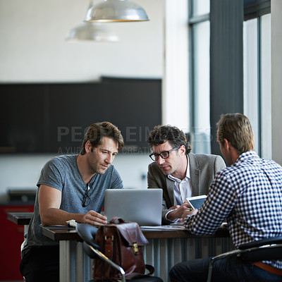 Buy stock photo Colleague, laptop and office for web project, career and discussing online email feedback on digital report. Mature people or professional person with tech for collaboration planning web on mockup
