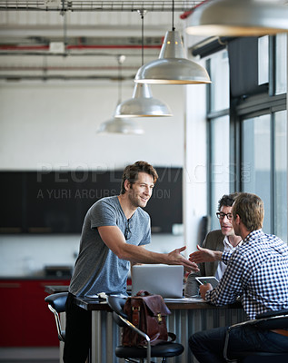 Buy stock photo People, laptop and handshake at agency for meeting with collaboration, job contract and hiring. Tech, teamwork and hands for agreement in office with promotion, creative company and partnership deal