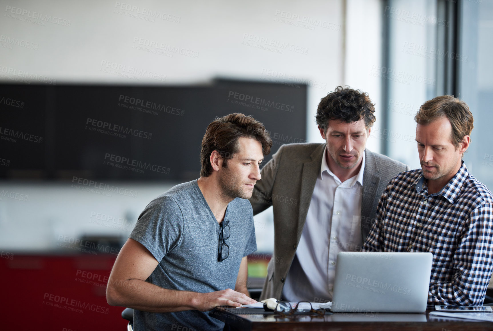 Buy stock photo Business men, collaboration or planning on laptop in office for startup, online company or web design. Corporate team, conversation or working on project for internet strategy, meeting or tech update
