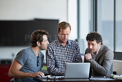 Buy stock photo Corporate team, collaboration or planning on laptop in office for startup, online company or web design. Business men, conversation or working on project for internet strategy, meeting or tech update