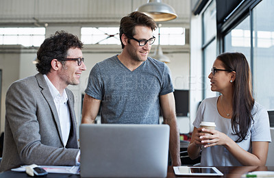 Buy stock photo Happy, business people and meeting with laptop, documents and paperwork for collaboration on project. Teamwork, ceo and employee with smile for cooperation, planning and discussion together in office