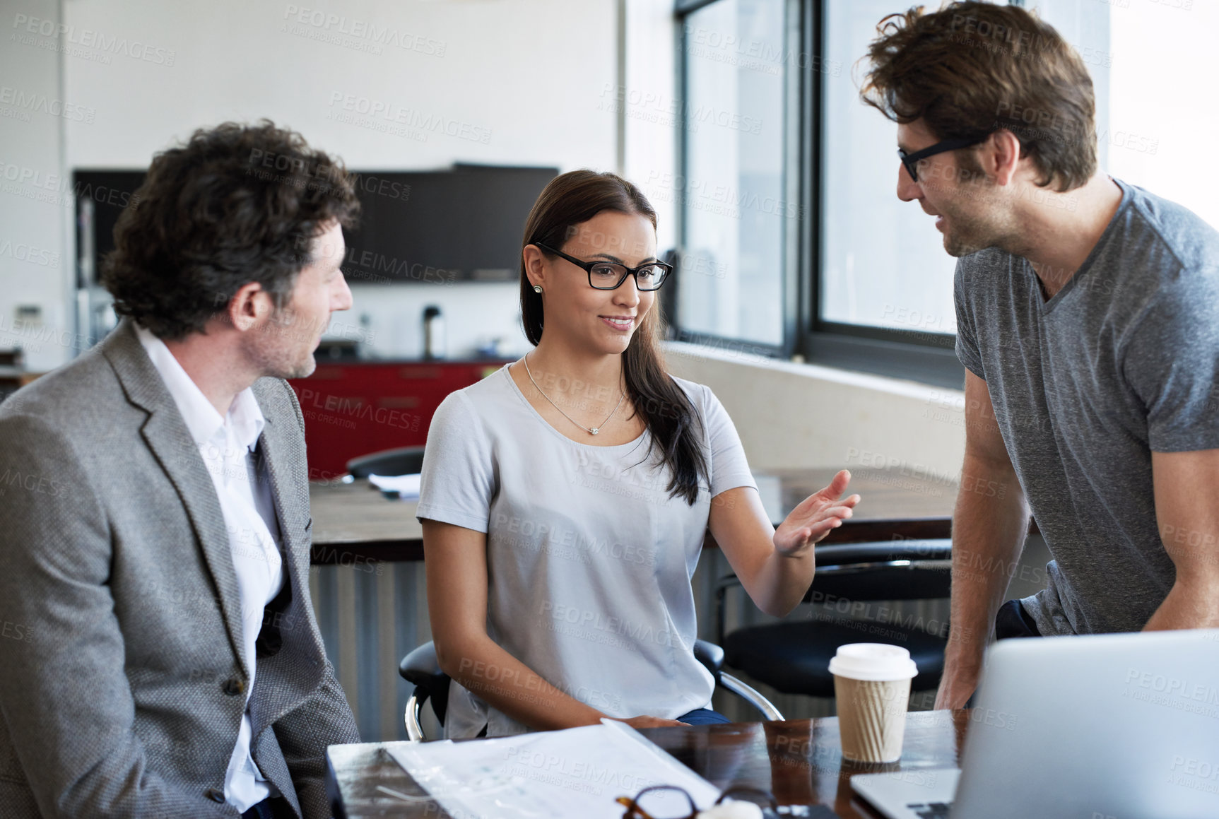 Buy stock photo Meeting, business people with smile, laptop and documents or paperwork for collaboration on project. Happy, ceo and employee with teamwork for cooperation, planning and discussion together in office