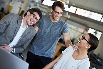 Buy stock photo Team, laptop and happiness in office with laughing, cheerful and joyful for company as colleagues. Businesspeople, group and employees in workplace, corporate and technology for meeting or teamwork