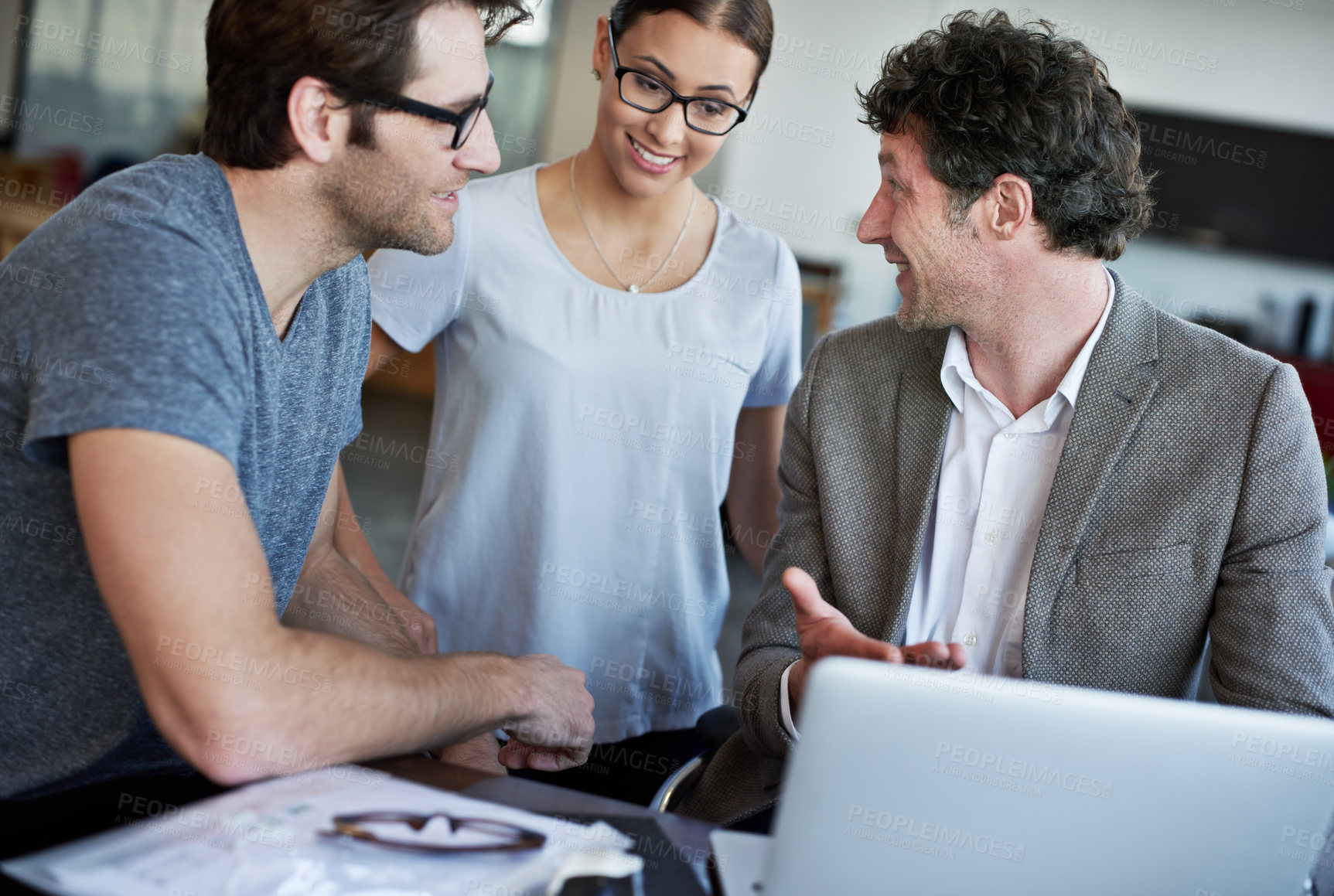 Buy stock photo Happy, business people and meeting with laptop, paperwork or documents for discussion on project. Team, ceo and employee for planning, communication and collaboration together with office background