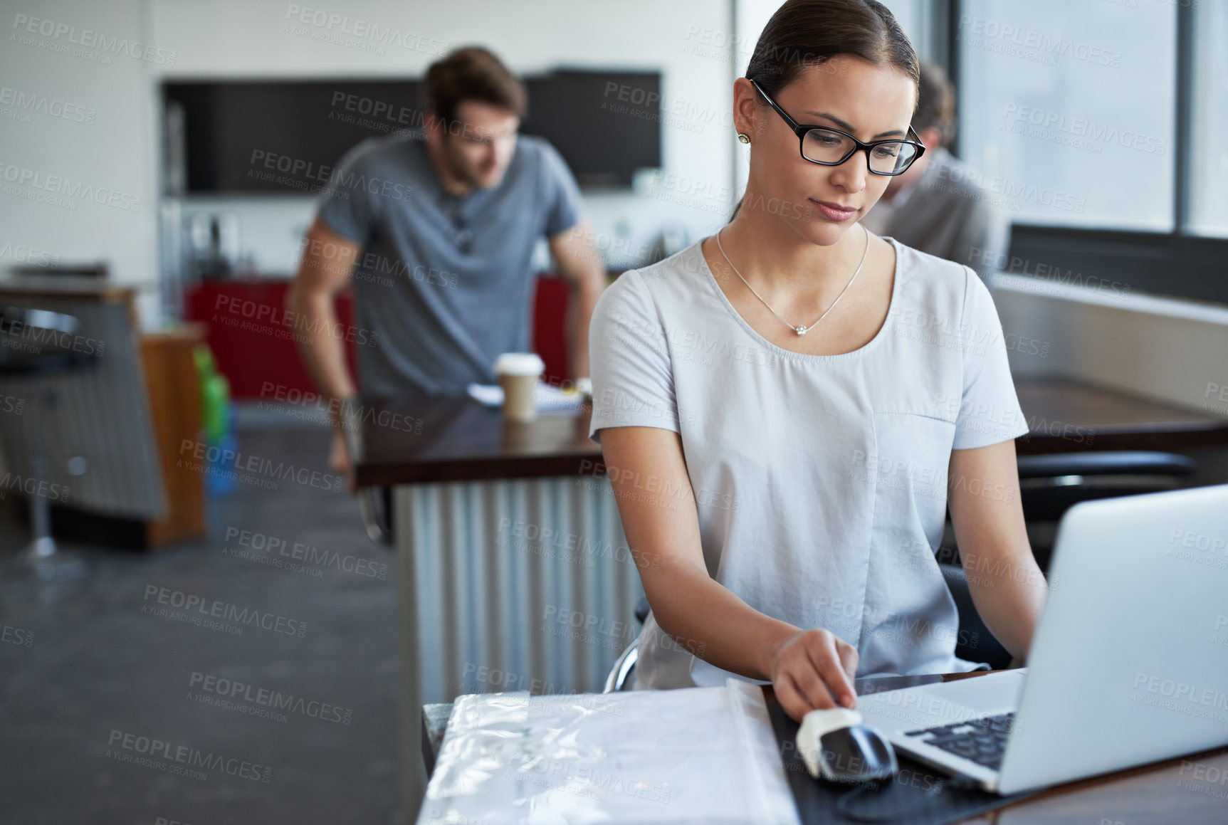 Buy stock photo Businesswoman, laptop and working at desk in start up company for collaboration, project and designer. Female person, glasses and professional worker in office for career, agency and organization