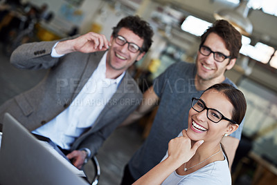 Buy stock photo Team, laptop and portrait in office with laughing, cheerful and happy for company as colleagues. Businesspeople, group and employees in workplace, corporate and technology for meeting or teamwork