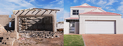 Buy stock photo Before and after shot of home from start to finish - The house designs displayed represent a simulation of a real product and have been changed or altered enough by our team of retouching and design specialists so that they don't have any copyright infringements