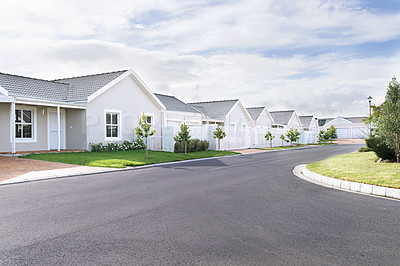 Buy stock photo Street, homes and houses in neighborhood, community or residential area in Dallas, Texas in USA. Background, property development or suburban real estate for investment project and society in town