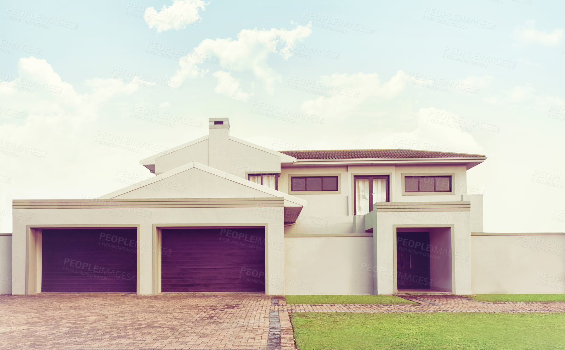 Buy stock photo Double storey, luxury or home in neighborhood, community or residential area in Dallas, Texas in USA. Background, garage or suburban house for investment project, property or real estate in town