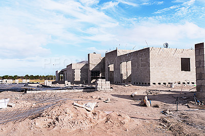 Buy stock photo Building, home new and construction site with brick wall outside for property development, growth and improvement. House, planning and architecture project with renovation and safety maintenance 