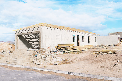 Buy stock photo Construction, concrete and cement for building in community for development, property management and architecture. Foundation, walls and material in Texas for project with bricks, wood and metal