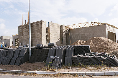 Buy stock photo House, building and real estate project for construction, development and dream home renovation. Property, brick wall and architecture with structure, worksite and suburban improvement and design