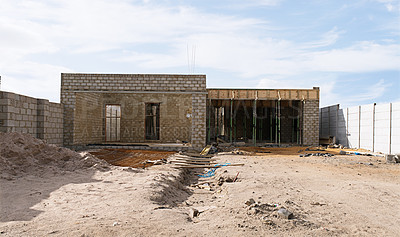 Buy stock photo Outdoor, concrete and brick for house, building and dream home, architecture and foundation with development. Interior, site and construction for real estate, maintenance and structure with space
