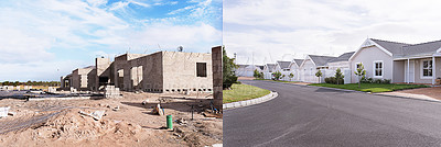 Buy stock photo Before and after shot of homes being built in the suburbs - The house designs displayed represent a simulation of a real product and have been changed or altered enough by our team of retouching and design specialists so that they don't have any copyright infringements