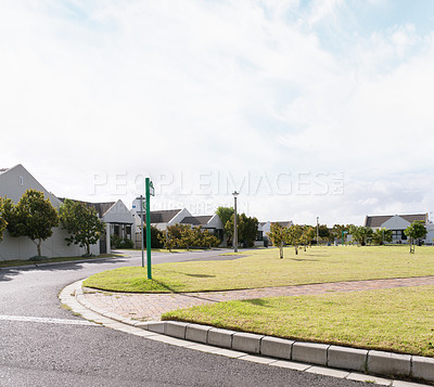 Buy stock photo Houses, road and community property in Europe for sale, development and real estate in summer. Architecture, buildings and home in street for design project, realtor and property management.