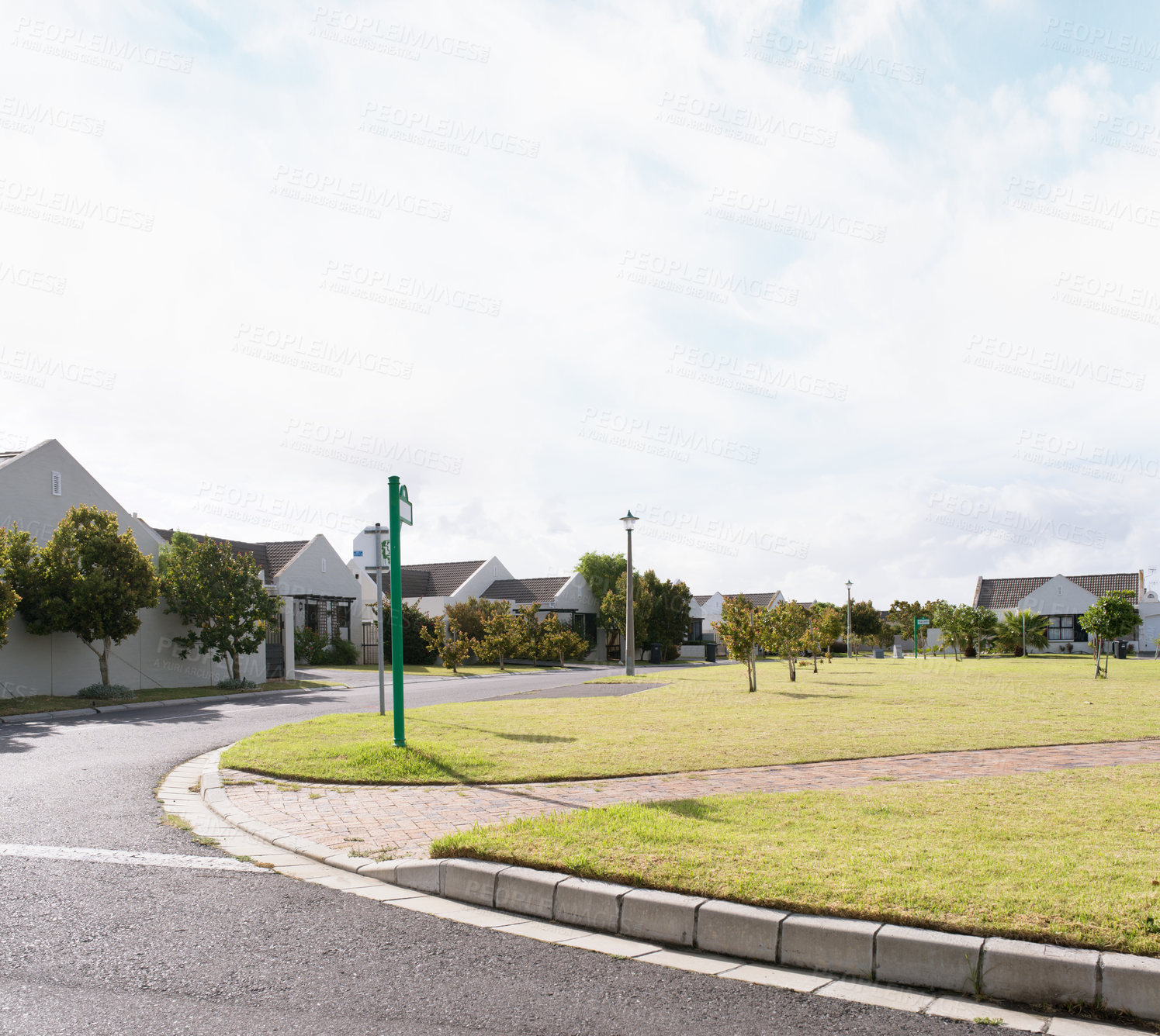 Buy stock photo Houses, road and community property in Europe for sale, development and real estate in summer. Architecture, buildings and home in street for design project, realtor and property management.
