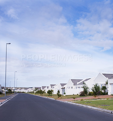 Buy stock photo Architecture, lawn and property in summer for community, development and realtor buildings. Street, home and garden for outdoor design, society and real estate planning for residential area.