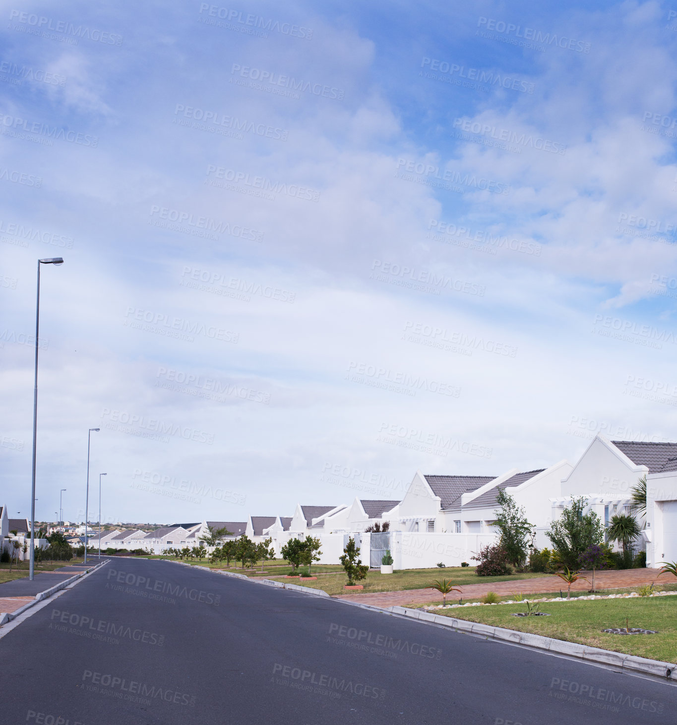 Buy stock photo Architecture, lawn and property in summer for community, development and realtor buildings. Street, home and garden for outdoor design, society and real estate planning for residential area.
