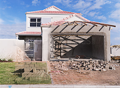 Buy stock photo Construction, concrete and cement for project in community with architecture, property management and real estate. Foundation, walls and material in Australia for building with bricks, wood and metal