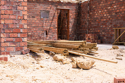 Buy stock photo Property, building and real estate project for construction, development and dream home renovation. House, brick wall and architecture with structure, worksite and suburban improvement and design