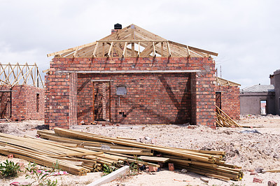 Buy stock photo Construction, concrete and cement for house in community with architecture, property management and real estate. Foundation, walls and material in Australia for project with bricks, wood and builder