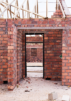 Buy stock photo Home, building and real estate project for construction, development and industry house frame. Property, brick wall and architecture with structure, worksite and suburban improvement and design