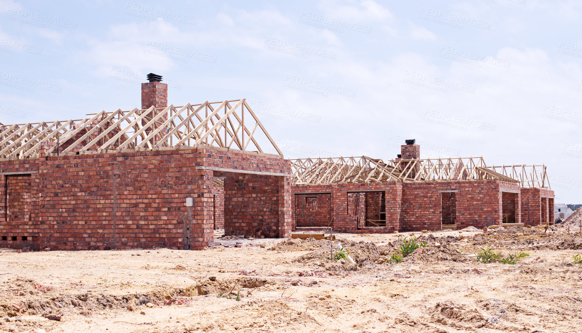 Buy stock photo House, brick wall and real estate project for construction, development and dream home renovation. Property, building and architecture with structure, worksite and suburban improvement and design