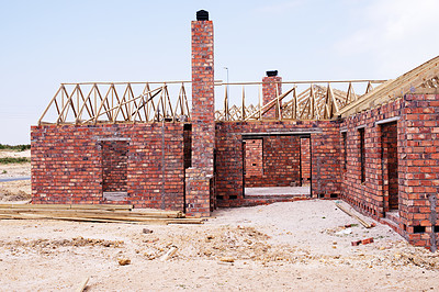 Buy stock photo House, building and new real estate for construction, development and dream home project. Property, brick wall and architecture with structure frame, worksite and suburban improvement and design