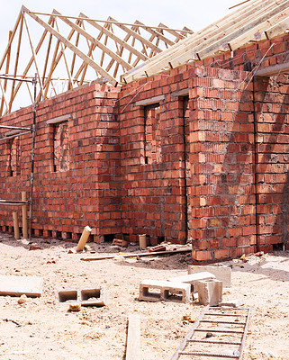 Buy stock photo Construction, brick wall and cement for house in community with architecture, property management and real estate. Home, stone and plan in Australia for project with concrete, wood and window frame