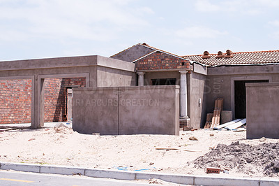 Buy stock photo House, architecture and real estate project for construction, development and dream home renovation. Property, brick wall and building with structure, worksite and suburban improvement and design