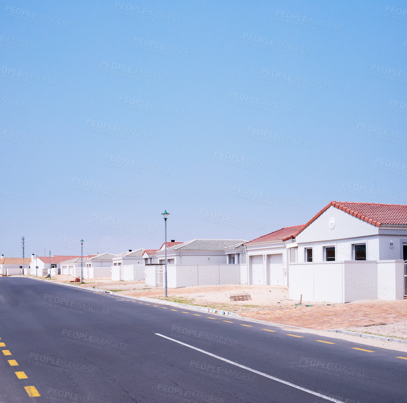 Buy stock photo Road, homes and houses in neighborhood, community or residential area in Dallas, Texas in USA. Background, property development and suburban real estate for investment project and society in town