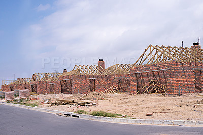 Buy stock photo House, building and real estate development for construction, project and dream home renovation. Property, brick wall and architecture with structure, worksite and suburban improvement and design