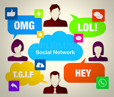 Buy stock photo Avatar vector, speech bubble or app on social media, online networking or ux digital conversation. Iot, group chat or app graphic with tgif, lol or omg news message or texting to connect on website
