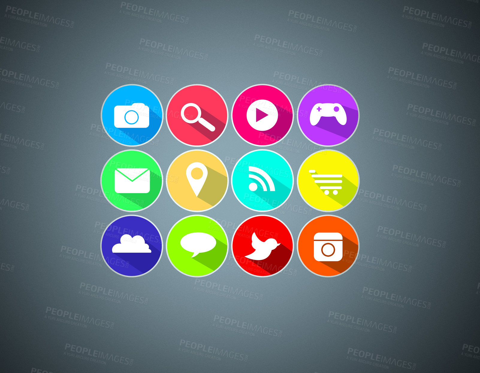 Buy stock photo Vector, design and app icons for digital user interface isolated on gray background with networking application. Mobile screen, graphic ui and software sign for cloud, music and internet gaming tech