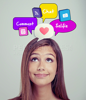 Buy stock photo Woman, speech bubble or online dating app icons for social media, iot or digital communication. Selfie, thinking or emojis graphic with chatting or heart sign for messages on camera phone technology