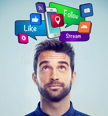 Buy stock photo Man, speech bubble or app icons for social network, online networking or digital communications. Cloud, location or emojis graphic with music or media sign for messages or texting on phone technology