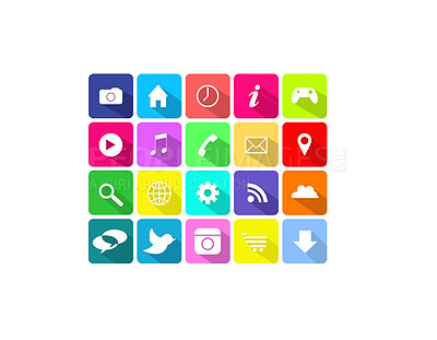 Buy stock photo Vector, dashboard or app logos on digital user interface for social media networking applications. Mock up space, graphic ui or software icons for cloud, music search or internet gaming tech homepage