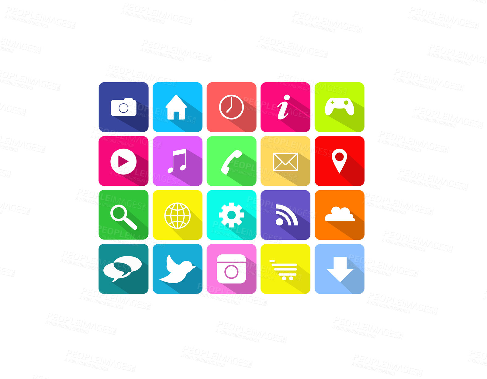 Buy stock photo Vector, dashboard or app logos on digital user interface for social media networking applications. Mock up space, graphic ui or software icons for cloud, music search or internet gaming tech homepage