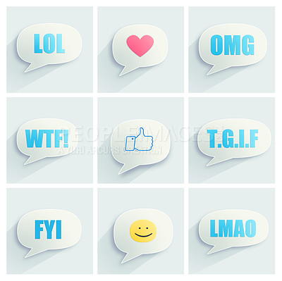 Buy stock photo Vector, speech bubble or app icons for social media, online networking or digital communications collage. Wtf, smile or emojis graphic with lol, omg or like sign for messages or texting on technology