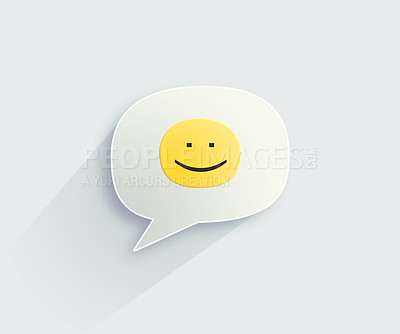 Buy stock photo Vector, smile speech bubble or social media emoji on app, online networking or digital communications. White background or happy graphic with smiley face logo in messages or texting on chat website
