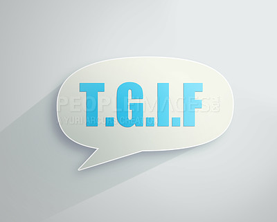 Buy stock photo Vector, tgif speech bubble or app on social media, online networking or digital conversation. Iot, chat or app graphic with thank God, its Friday message or texting on white background with mock up