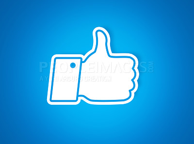 Buy stock photo Vector, like emoji or thumbs up icon on social media, online network review or digital communication. Blue background mockup, app or hand emojis graphic with vote agreement or yes sign for opinion