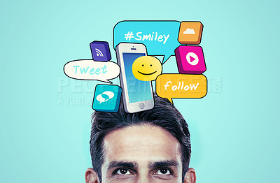 Buy stock photo Man, speech bubble or app icons for social media, online networking or digital communications. Cloud, smile or emojis graphic with music or hashtag sign for messages or texting on phone technology
