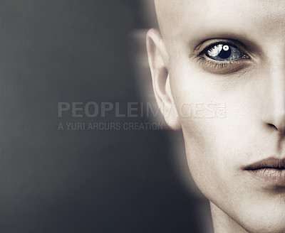 Buy stock photo Space, alien and face of creature from galaxy, universe or secret conspiracy of sci fi character. Fantasy, cosplay and portrait of cosmic humanoid person with creepy eyes closeup in futuristic horror