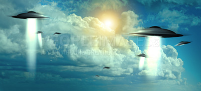 Buy stock photo Group of spaceships  in the sky