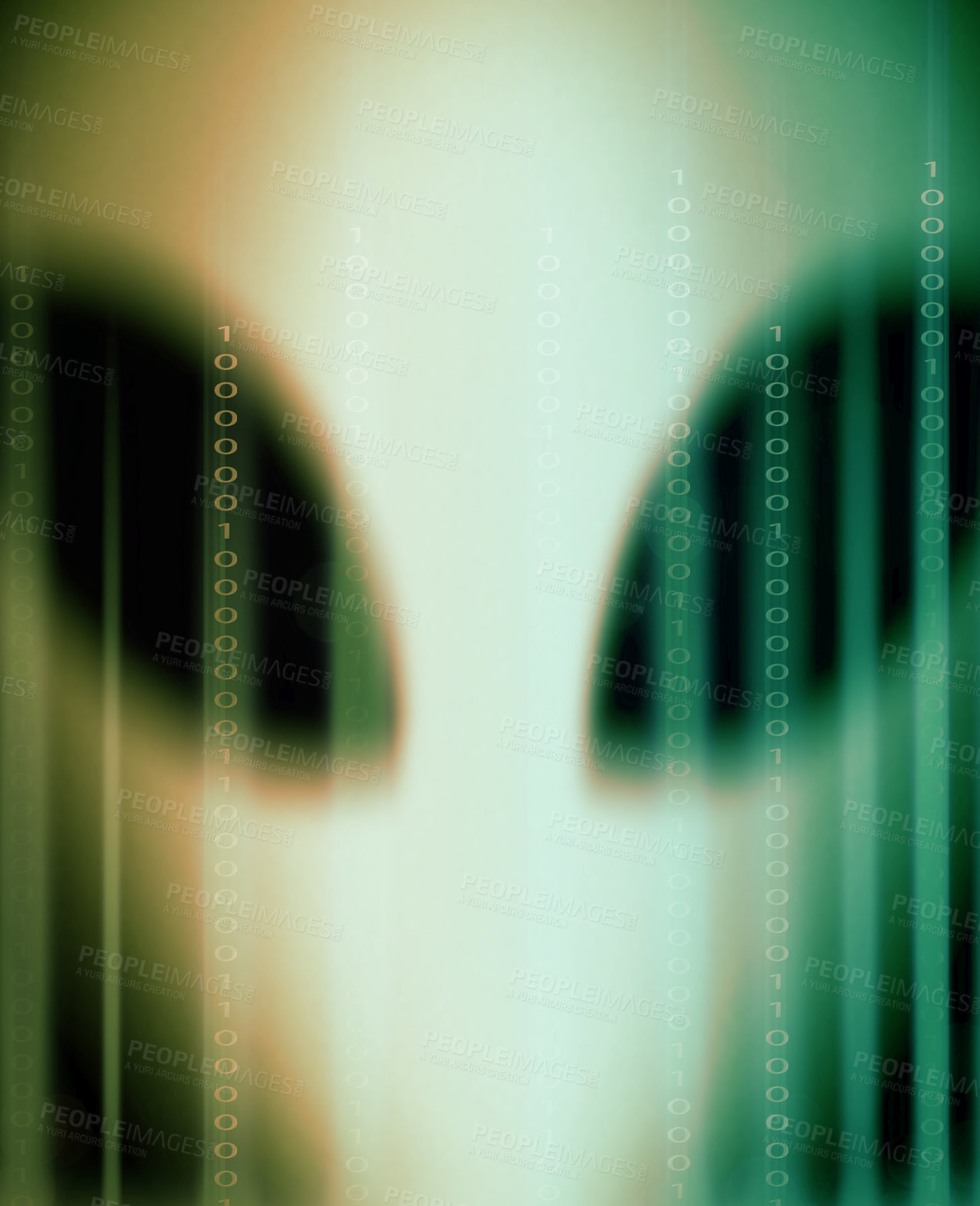 Buy stock photo Space, alien and face of futuristic sci fi character from galaxy, universe or secret conspiracy code. Science, fantasy and creative illustration of extraterrestrial cosmos monster with creepy eyes