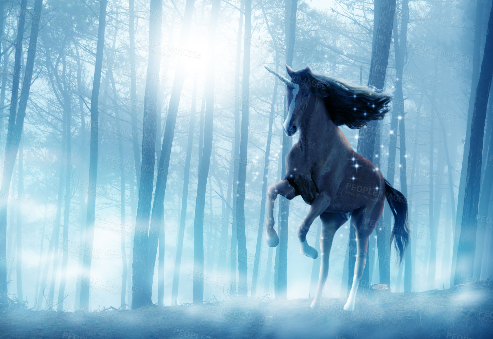 Buy stock photo Shot of a beautiful unicorn running through a mystical forest