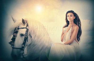 Buy stock photo Illustration of a stunningly beautiful woman on a horse