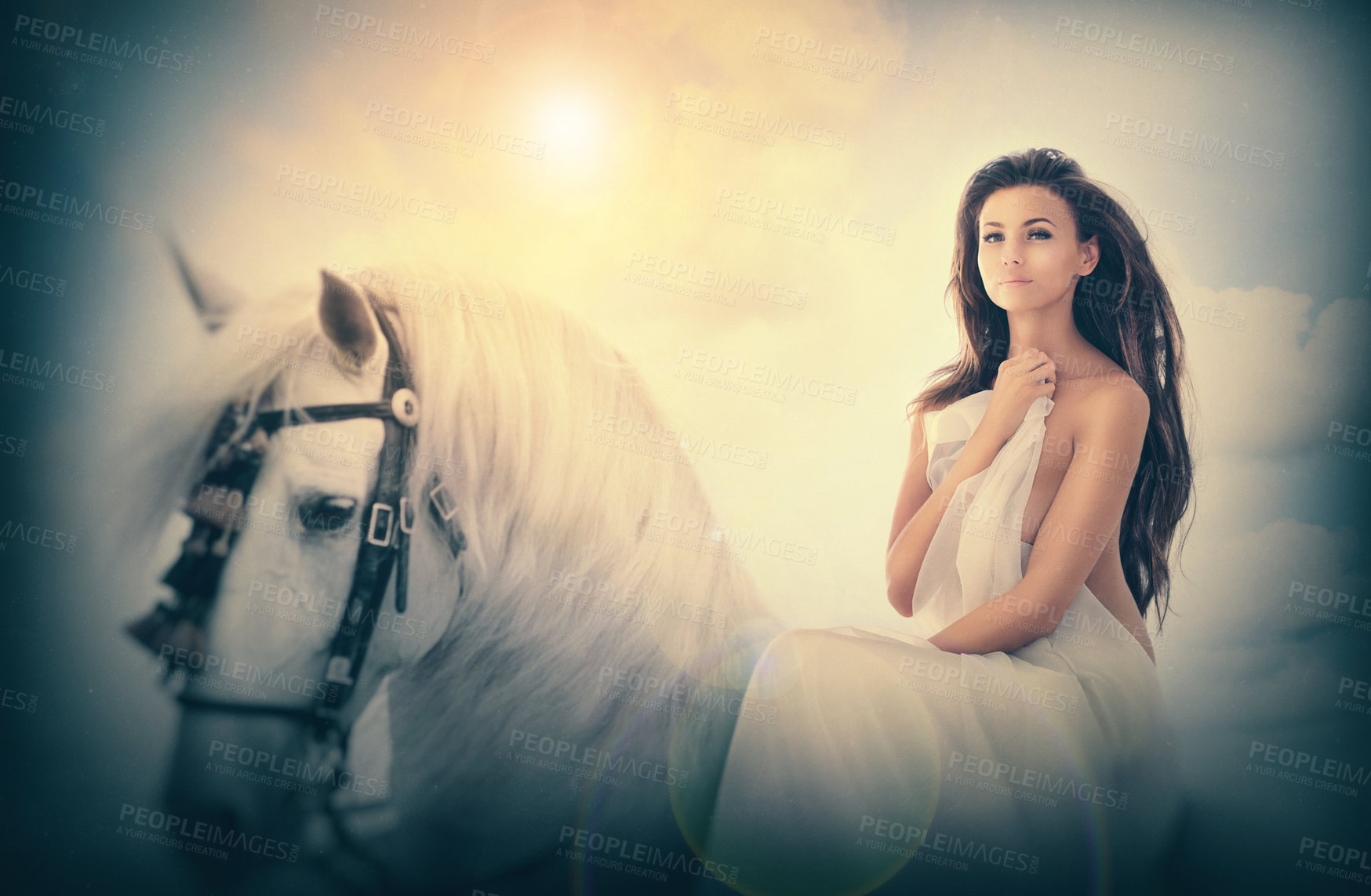 Buy stock photo Illustration of a stunningly beautiful woman on a horse